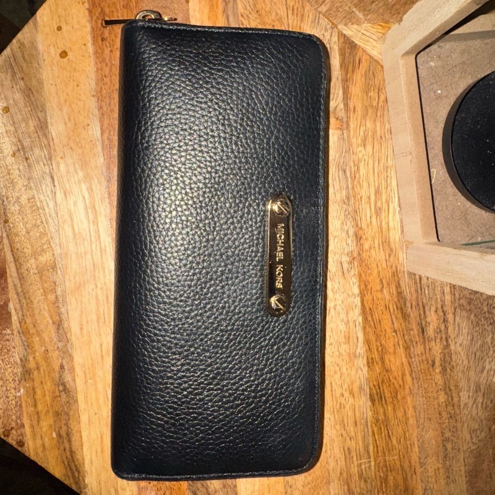 Michael Kors Black Pebbled Leather Wallet with Gold Logo